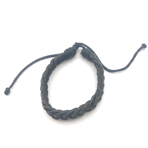 Black Braided Leather Adjustable Bracelet - Picture 4 of 5